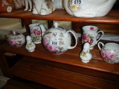 A rose decorated teapot, milk jug, sugar bowl, 2 mugs, salt and pepper pots.