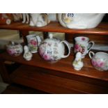 A rose decorated teapot, milk jug, sugar bowl, 2 mugs, salt and pepper pots.