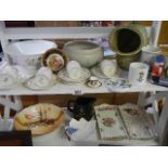 A Royal Doulton bowl, two Old Foley trays, coffee cans with saucers etc., 2 shelves. A box of