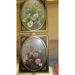 A pair of metal framed floral pictures. (Collect only)