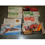 Five Hadfield Blackpool tram plastic model kits, an Airfix Red Arrow and a Jaguar par built SS100.