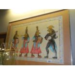 A framed and glazed goauche depicting Morris dancing Egyptian musicians, God and Goddesses,
