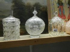 Two glass biscuit jars and a glass sweet dish. (Collect only)