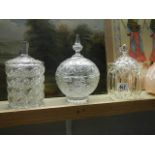 Two glass biscuit jars and a glass sweet dish. (Collect only)