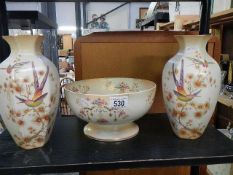 A pair of Crown Ducal vases and a Crown Devon bowl.