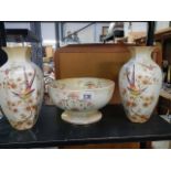 A pair of Crown Ducal vases and a Crown Devon bowl.