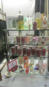 Four shelves of assorted toiletries, perfumes etc.,