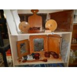 Two shelves of assorted wooden items etc.,