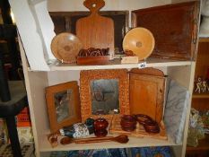 Two shelves of assorted wooden items etc.,