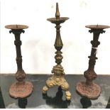 Matching Pair of Cast Metal Pricket Candlesticks & a Continental Brass Pricket Stick (3)