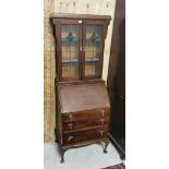 Art Deco Bureau Bookcase, compact size, 2 obscured glass panels with floral detail over a fall front