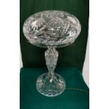 Mid 20thC Cut Glass Table Lamp (electric), an inverted bowl shaped top (2 light fittings) over a