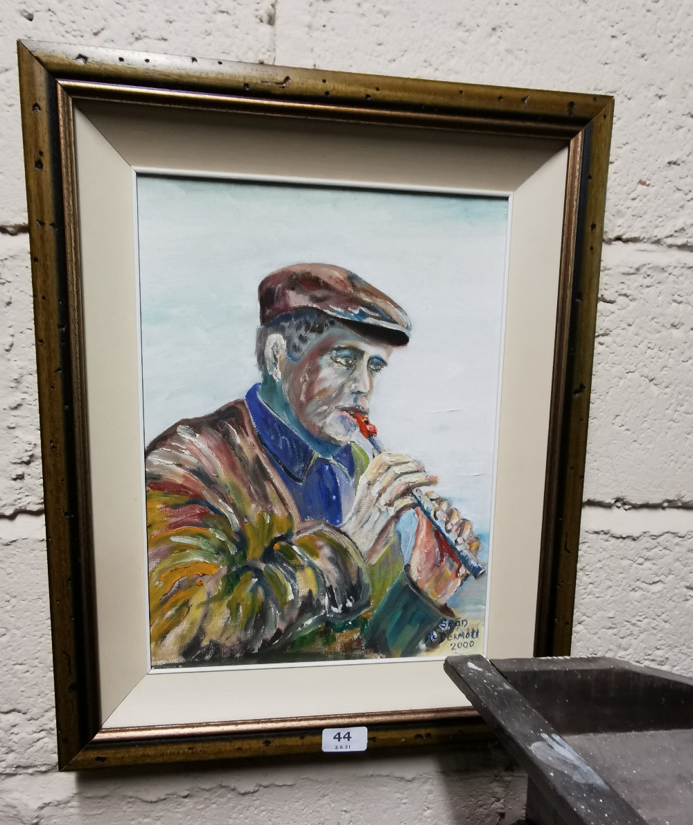 Oil on Board “Tin Whistler” signed by the artist Sean McDermott dated 2001, 39cmH x 29cmW, mounted