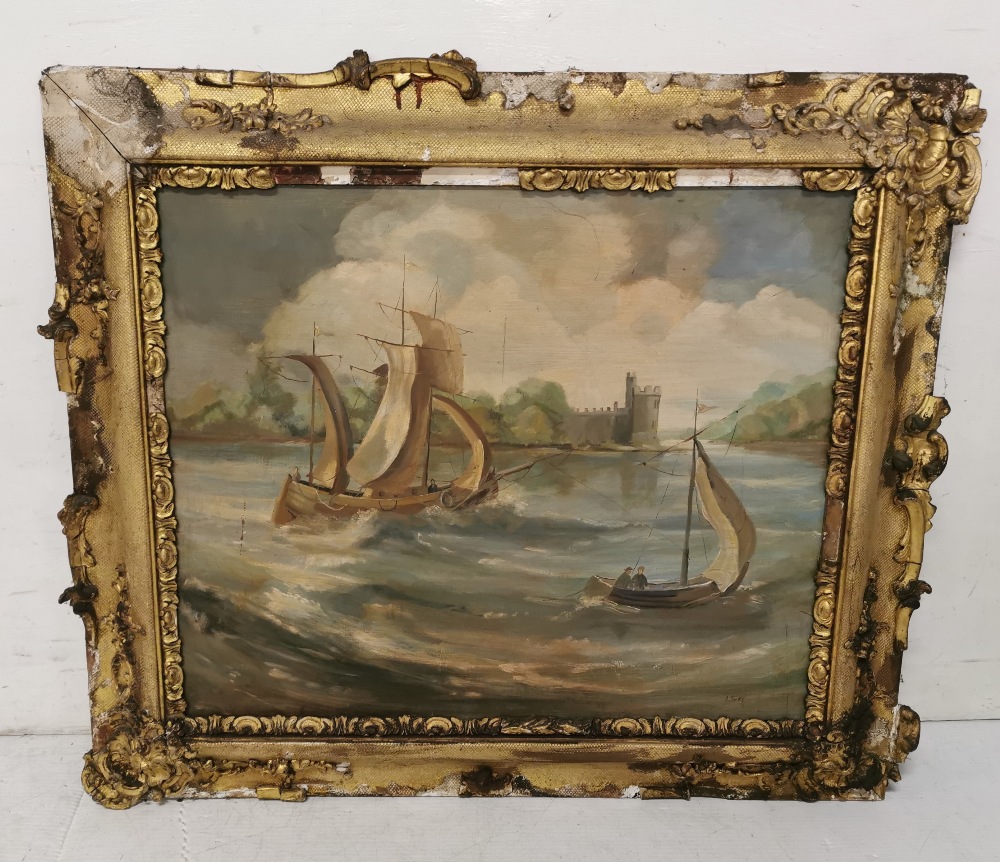 Victorian Oil on Board, signed A Jones – River Boats with Castle in the Background, 56cm x 64cm,