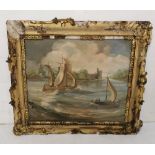 Victorian Oil on Board, signed A Jones – River Boats with Castle in the Background, 56cm x 64cm,