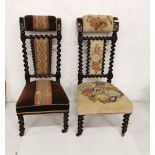 A similar pair of Victorian rosewood framed Prie Dieu Chairs, one with a parrot needlepoint pattern,