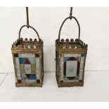 Similar Pair of 19thC Leaded Glass Hall Lanterns, brass framed, fitted with colourful panels (all