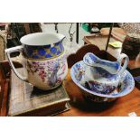 Spode Toilet Ewer and Bowl – red and blue floral (bowl cracked in several places) & )