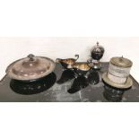 Plated Ware - Pair Mappin & Webb Sauce Boats, Egg Coddle with burner, Cut Glass Biscuit Jar &