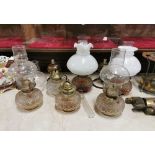 6 moulded glass Vintage oil lamp bowls, 2 with shades &