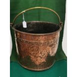 Antique Copper Bucket, with raised rivets and a brass swing handle, slightly oval shaped, 0.31mH x