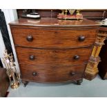 Late 19thC Mahogany Bowfront Chest of 3 Drawers, raised on turned legs and castors, 94W x 97H x 53D