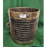 Early 19thC Ash Bucket with brass top rim and base, riveted, ring shaped carrying handles, ribbed