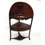 Georgian Mahogany Corner Washstand, a raised gallery over a owl well, stretcher shelf with one apron