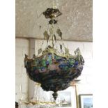 Colourful Basket Shaped Glass Ceiling Light, on a brass frame, 48cm Dia x 85cmH (including fixed