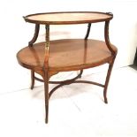 Edwardian satinwood inlaid 2 tier oval tops Occasional Table, gilt mounts to borders and supports,