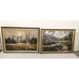 Two Oils on Canvas - Irish Rural Landscape (signed indistinctly) and flight of ducks over a river,
