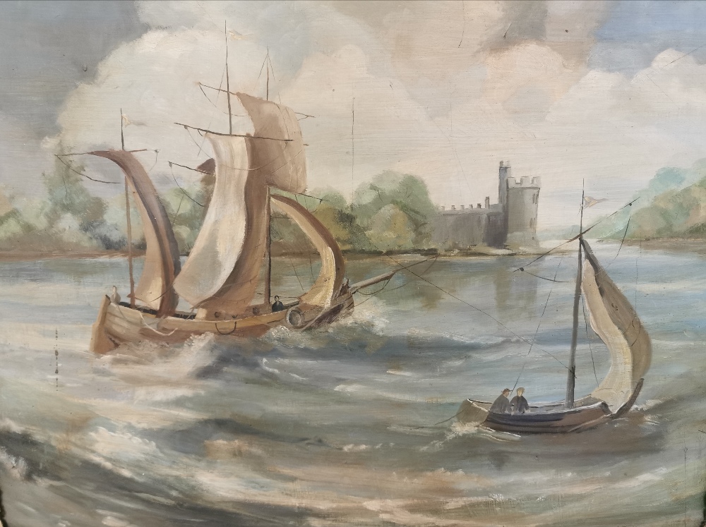Victorian Oil on Board, signed A Jones – River Boats with Castle in the Background, 56cm x 64cm, - Image 2 of 4