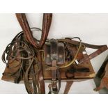 Good leather Pony Harness, complete with neck collar, bridle, horse bit etc, with brass mounts