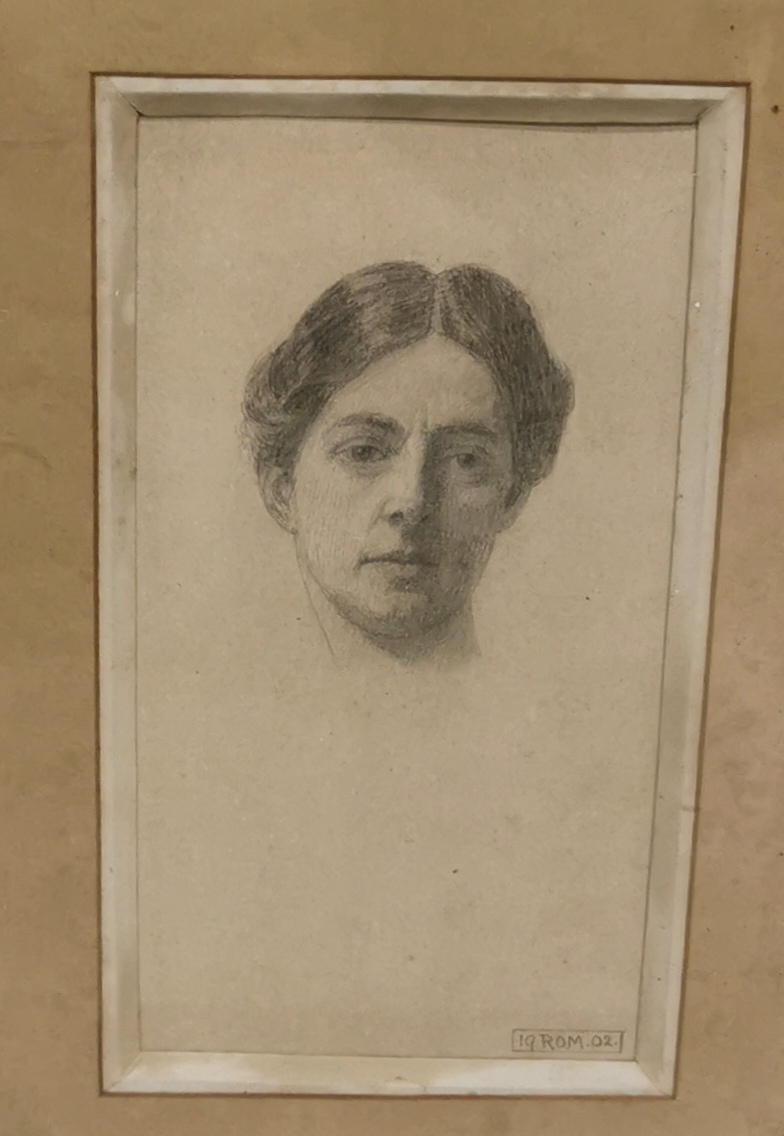 19thC Portrait Sketch of a Female Head, signed 19.ROM.02, 15cm x 9cm, cream mount, in a gold frame