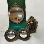 4 mirrors – an Edw circular mirror in carved frame, a resin mirror and a pair of circular convex