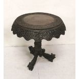 19thC Anglo-Indian Carved Hardwood Centre Table, the circular top and curved apron decorated with