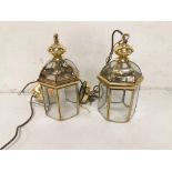 Matching Pair of small, modern brass framed ceiling lights, octagonal shaped with bevelled glass