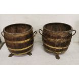 Matching Pair of Oak Half Barrell Shaped Buckets, with brass banding, brass handles, each 40cmH x