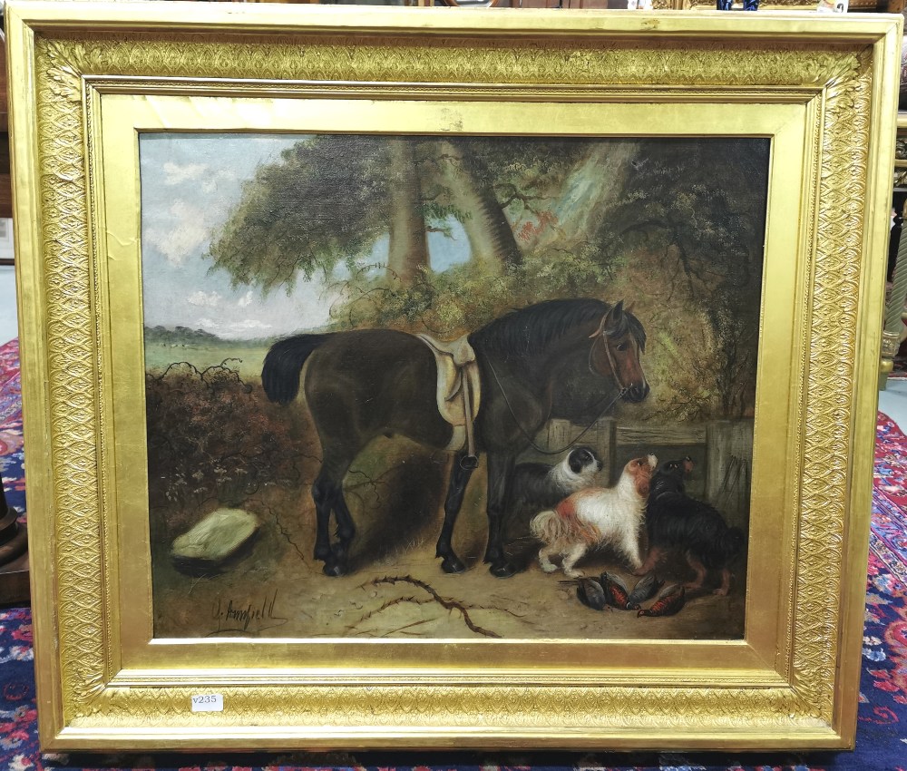 G ARMFIELD, 1810-1893, Oil Painting, saddled brown horse in countryside with hunting dogs and