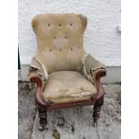 Georgian Gents Library Armchair, on turned front legs, curved arms, (worn upholstery)