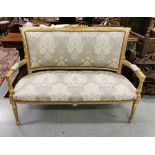 Carved Gilt framed 2 Seat Settee, silver, green and white upholstered seat and back (as new fabric),