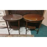 Similar pair of oval shaped mahogany occasional tables, inlaid, tapered legs