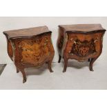 Matching Pair of French Reproduction Low Bombe Chests of Drawers with floral inlay patterns, each