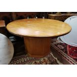 Contemporary walnut finish circular top Boardroom Table, on a hexagonal shaped pod, 1.35m Dia x 0.