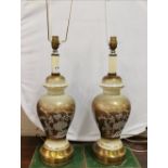 Matching Pair of Opalene Glass Table Lamps, white raised floral designs, on a golden background,