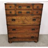 Tall Chest of Drawers, in the Campaign style, with recessed brass handles and side handles, on