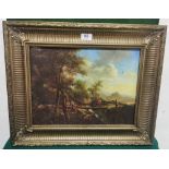 Oleograph – figures at a river bridge in a country landscape, 29cmH x 30cmW, in a gold frame