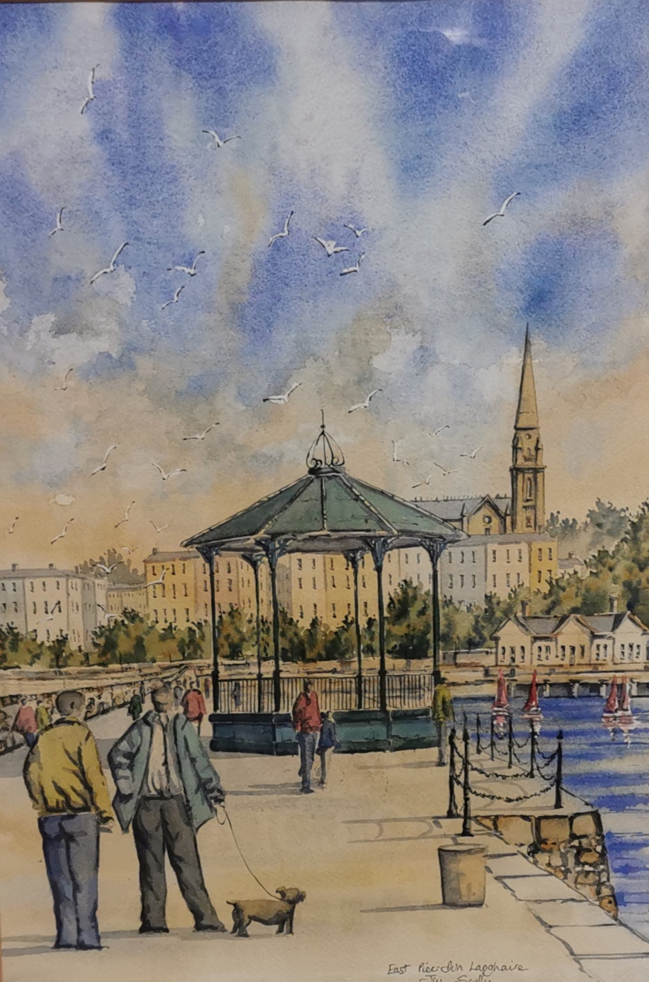 JIM SCULLY “East Pier Dun Laoghaire”, original Watercolour/Indian Ink, pedestrians with gazebo in