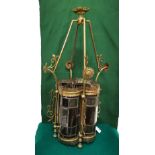 Fine 19thC Brass Framed Hall Lantern, 4 bowed sides, brown, green and red glass inserts with