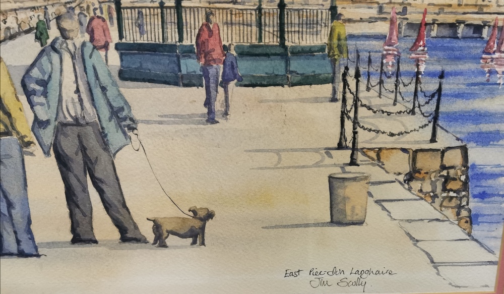 JIM SCULLY “East Pier Dun Laoghaire”, original Watercolour/Indian Ink, pedestrians with gazebo in - Bild 3 aus 4